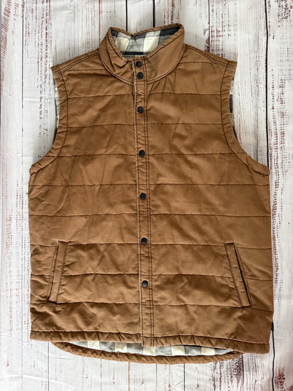 Union Quilted Brown Snap-Front Vest with Plaid Lining XXL